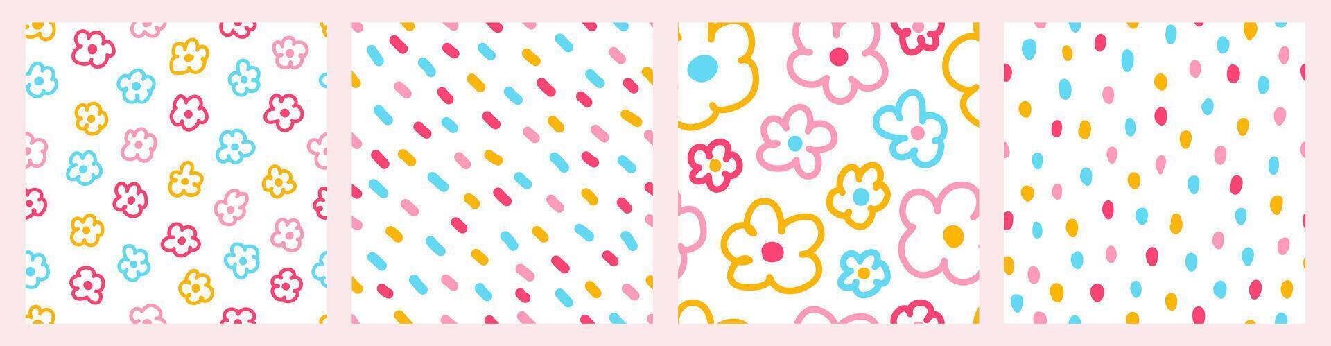 Colorful seamless pattern set of multicolored hand drawn lines, flowers and . Trendy design with abstract shapes, simple and playful doodle wallpaper print vector