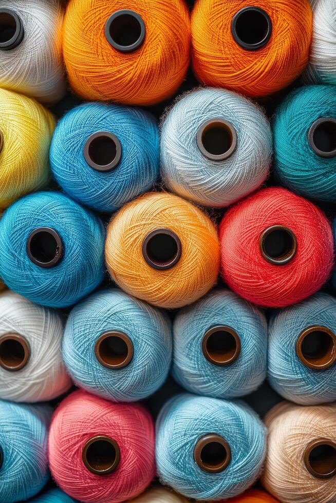 Colorful spools of yarn neatly arranged in a craft supply store showcasing vibrant textiles photo