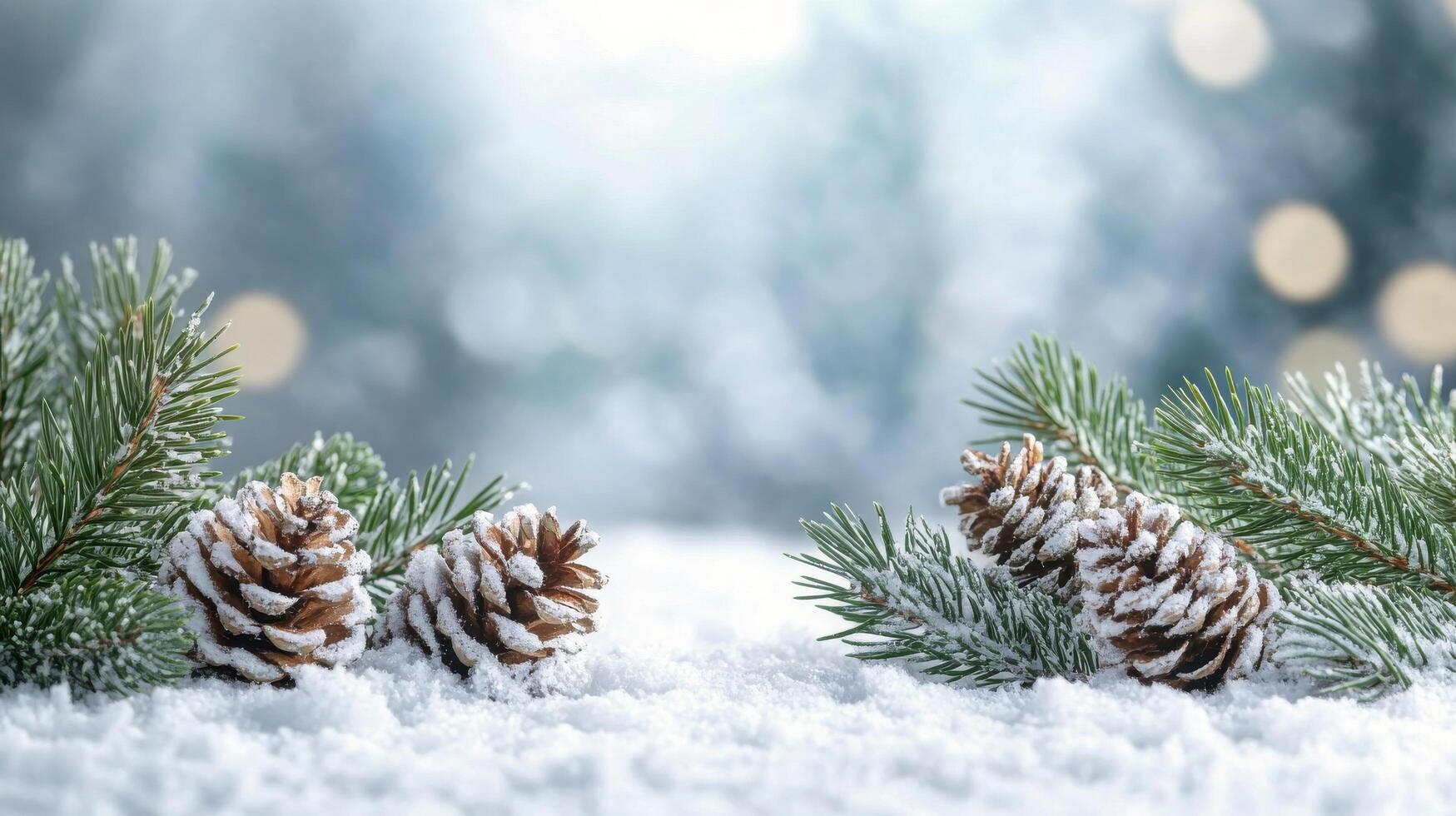 Snowfall in a serene winter landscape with mountains and illuminated trees at night photo