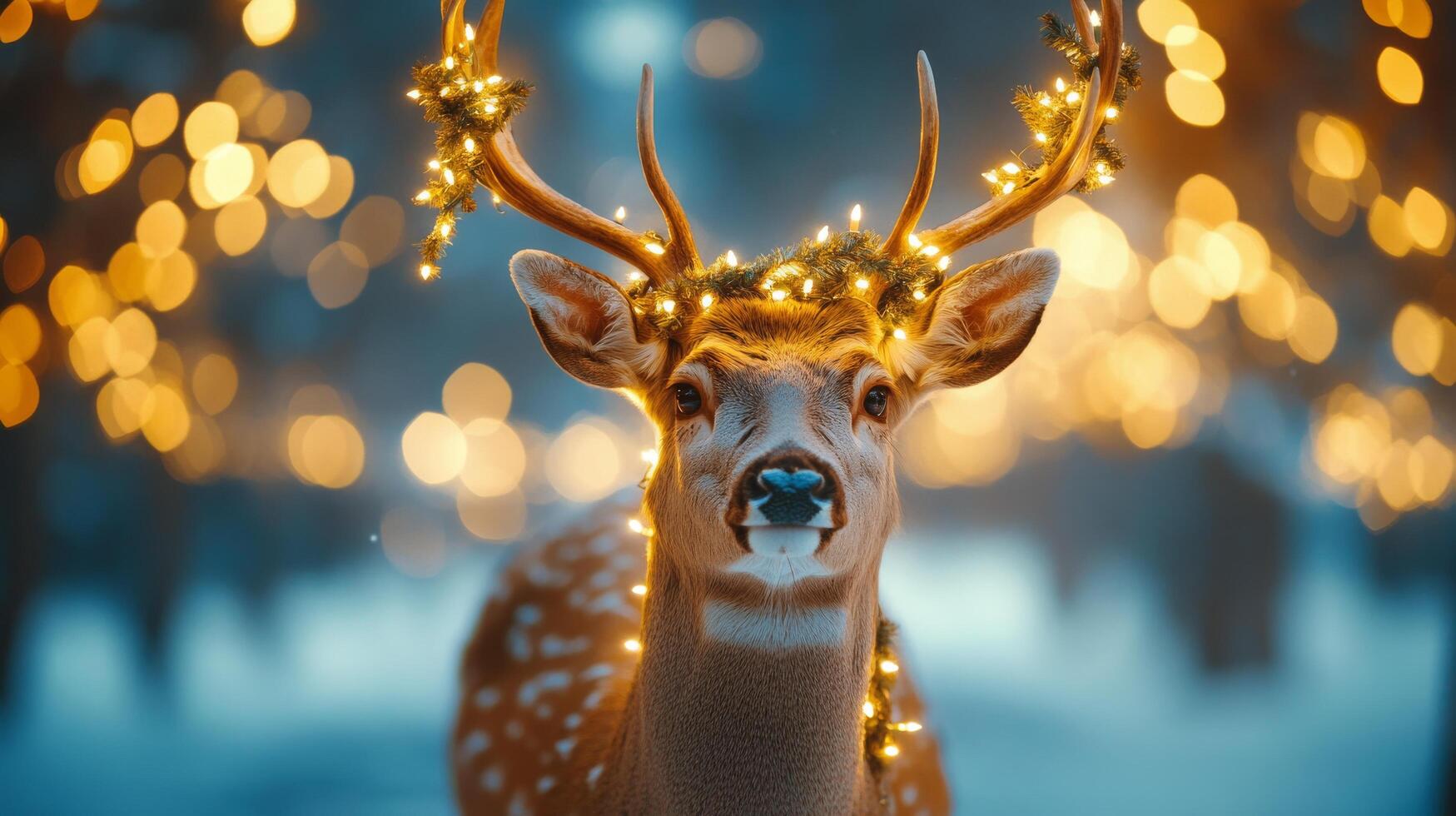 A deer adorned with lights stands amidst a winter wonderland filled with glowing decorations photo