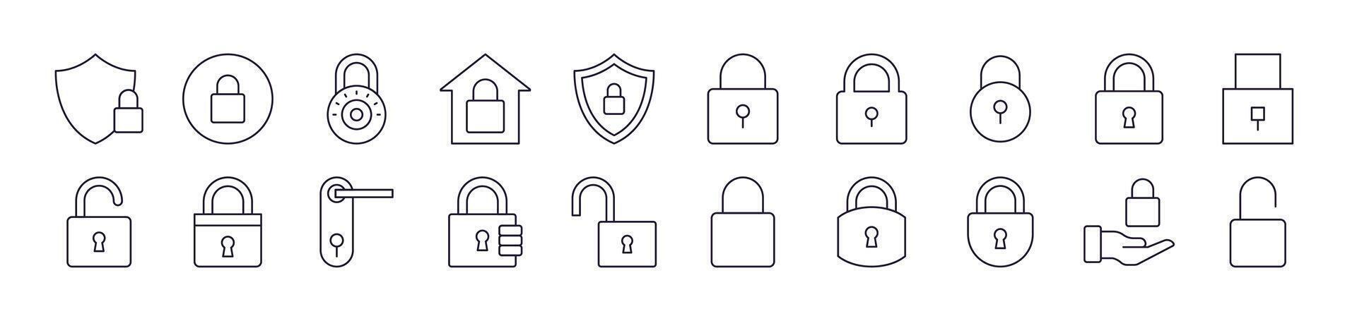 Pack of Line Icons of Lock. Editable Stroke. Minimalistic Linear Pictogram for Design of Cards, Apps, Banners, Posts vector