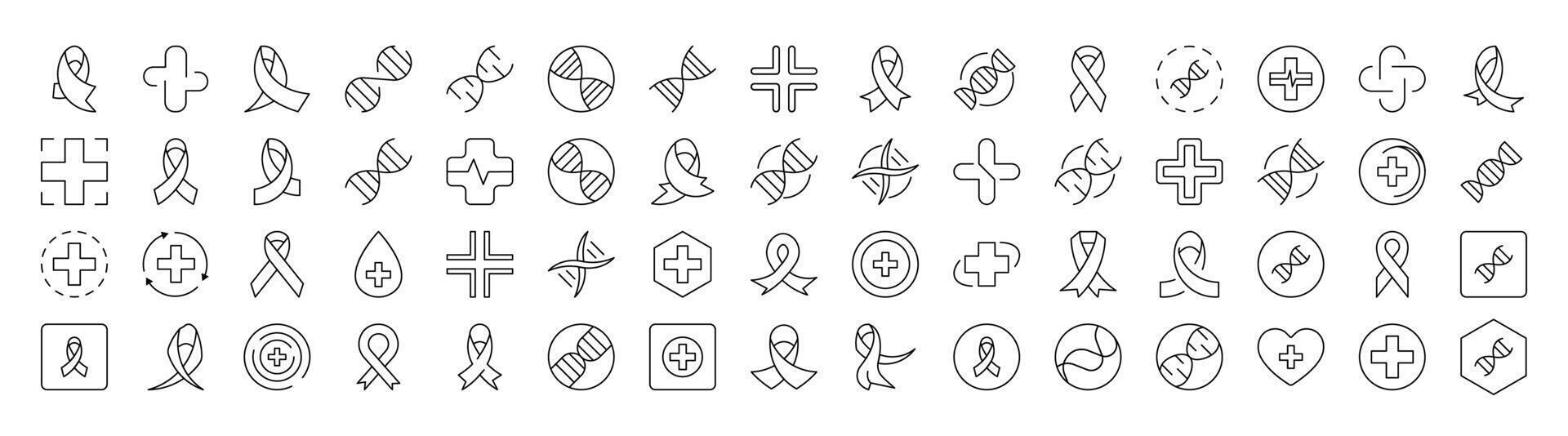 Collection of Line Icons of Medical Cross, Pink Ribbon, DNA Drawn with Thin Line for apps, web sites, banners, infographics and other types of design vector