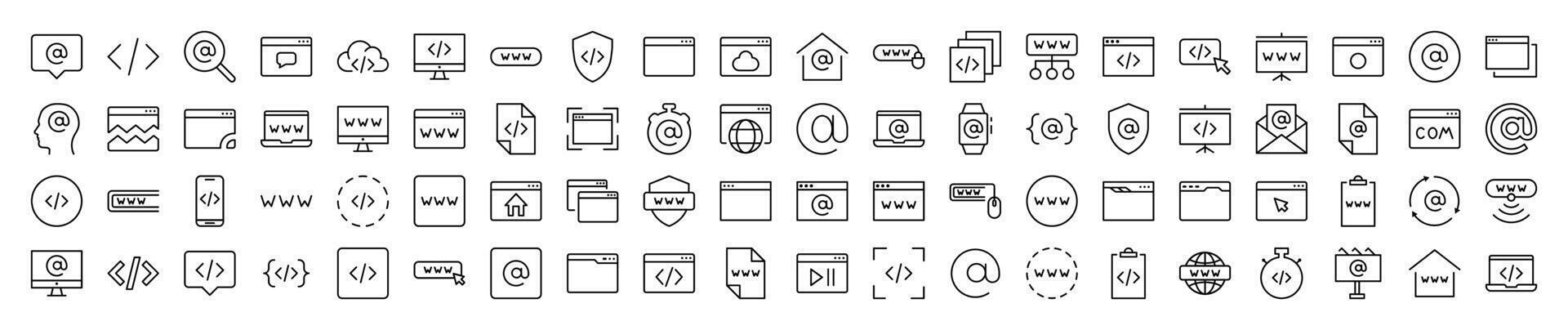 Web Page, Design, Programming Outline Picture Collection. Editable Stroke. Perfect for Infographics, Articles, Books, Flyers, Banners vector