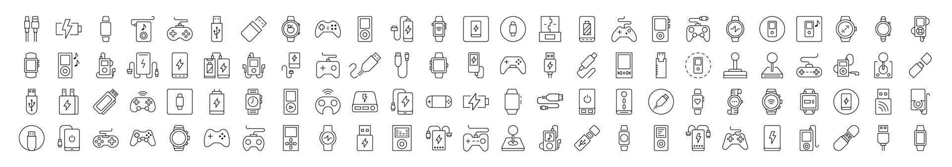 Joystick, Gamepad, Charger, Watch, Flash Card, USB Icon Set for UI, Placards, Books, Apps. Editable Stroke. Suitable for Web Sites, Books, Cards, Apps vector