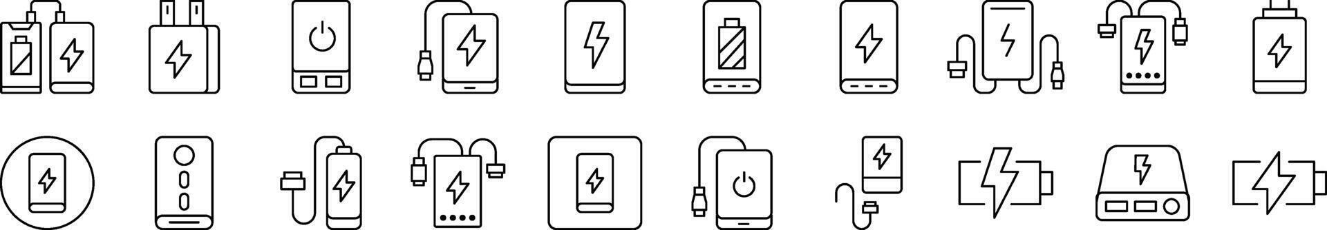 Energy, Charger, Battery Line Icon Set. Editable Stroke. Minimalistic Linear Pictogram for Design of Cards, Apps, Banners, Posts vector