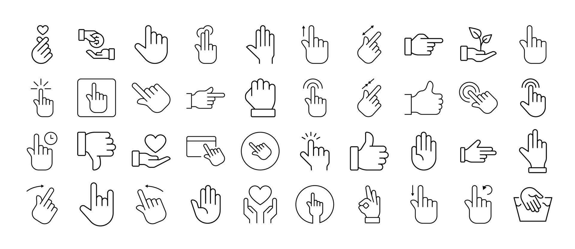 Collection of Line Icons of Gesture, Hand, Cursor. Editable Stroke. Minimalistic Linear Pictogram for Design of Cards, Apps, Banners, Posts vector
