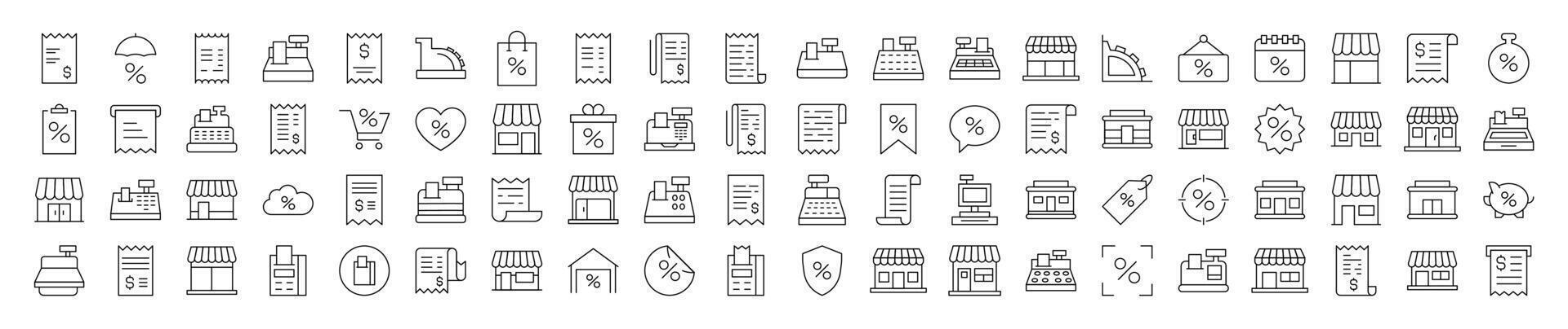 Shopping Icon Bundle. Contains Icons of Store, Receipt, Cash Register that Can Be Used for Design of Cards, Posts, Apps, Web Sites vector