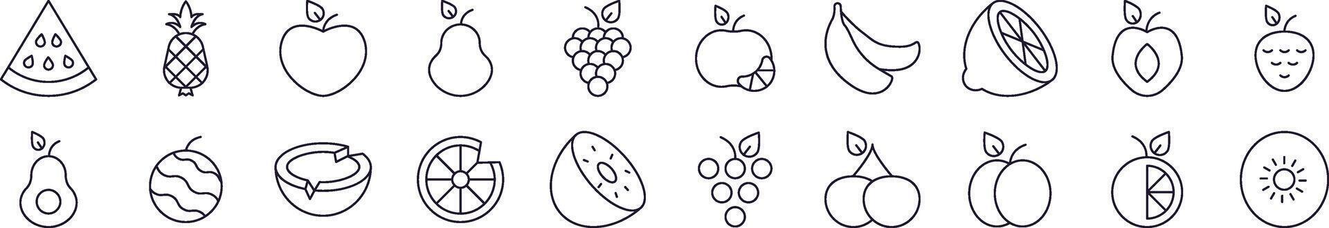 Simple Linear Icon of Watermelon, Coconut, Grape and Other Fruits. Editable Stroke. Minimalistic Linear Pictogram for Design of Cards, Apps, Banners, Posts vector