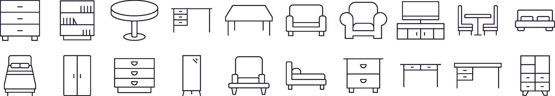 Collection of Line Icons of Table, Closet, Mirror, Chair and Table. Editable Stroke. Minimalistic Linear Pictogram for Design of Cards, Apps, Banners, Posts vector