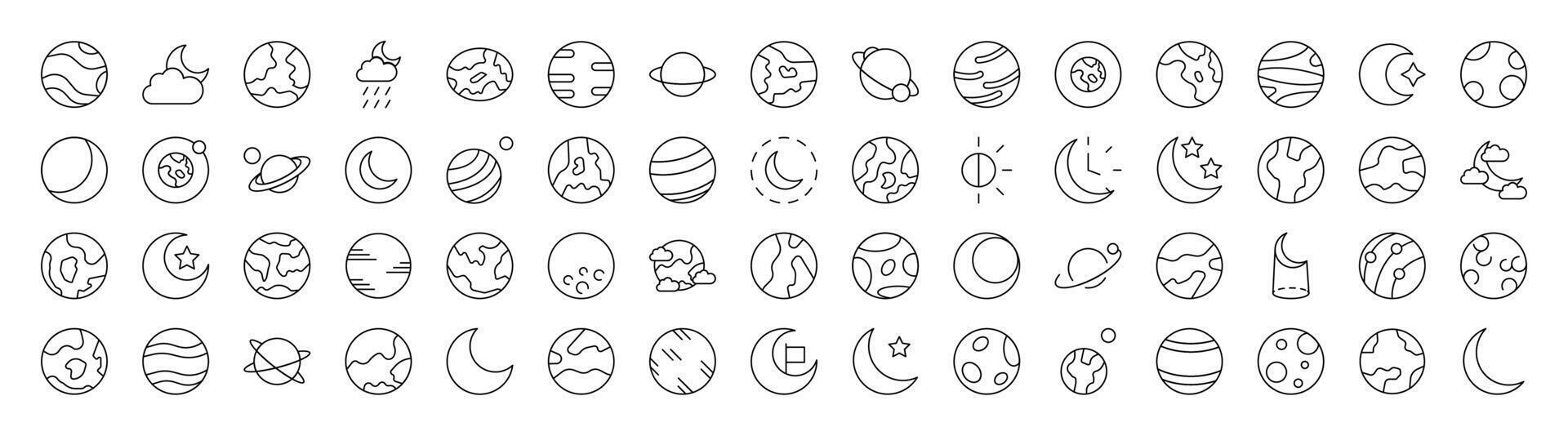 Space Line Icon Collection. Modern Collection for Design, Web Sites, Apps, Cards. Contains Linear Images of Various Planets vector