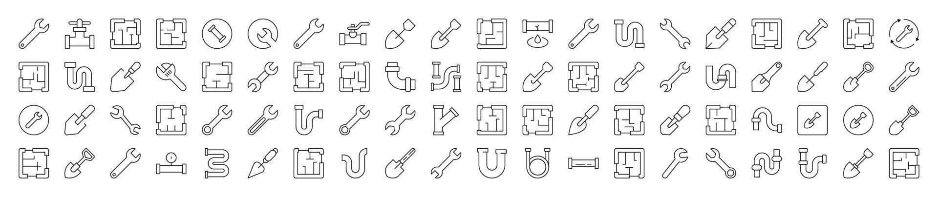 Repair and Renovation Line Icon Bundle. Modern Collection for Design, Web Sites, Apps, Cards. Contains Linear Images of Floor Plan, Shovel, Spanner, Pipe vector
