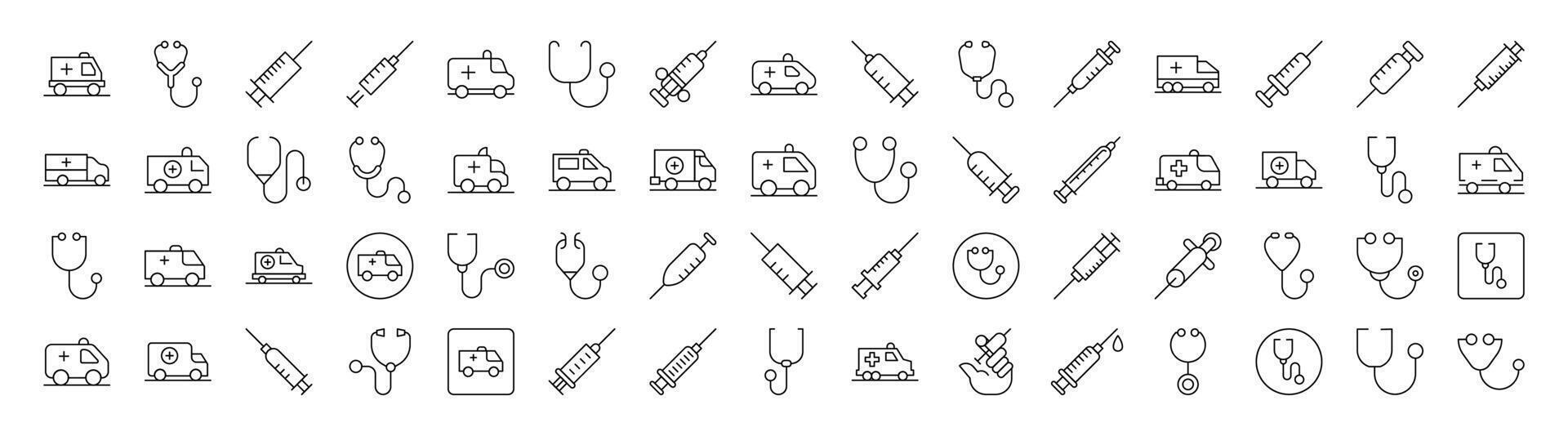 Medicine Related Outline Symbol Set. Contains Icons of Ambulance, Stethoscope, Syringe for Banners, Infographics, Books, Articles and Other Types of Design vector