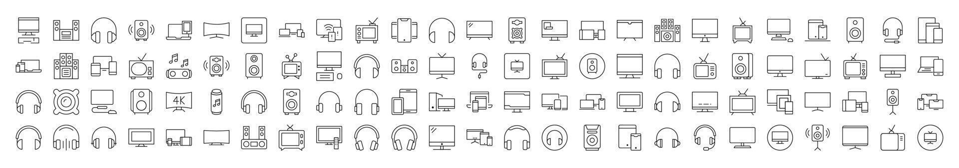 Tv Set, Speaker, Headset, Computer Line Icon Collection. Editable Stroke. Minimalistic Linear Pictogram for Design of Cards, Apps, Banners, Posts vector