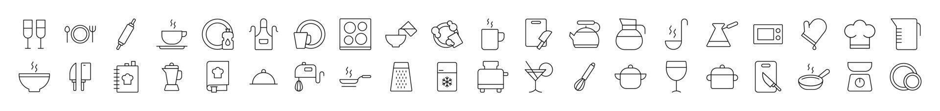 Kitchen and Cooking Line Icon Set. Contains Icons of Cutting Board, Frying Pan, Cutlery, Cookbook that Can Be Used for Design of Cards, Posts, Apps, Web Sites vector