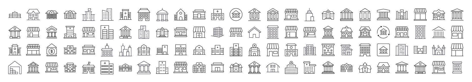 Various Houses and Constructions Line Icon Collection. Modern Collection for Design, Web Sites, Apps, Cards. Contains Linear Images of Apartment Buildings, Banks, Stores, Hospitals vector