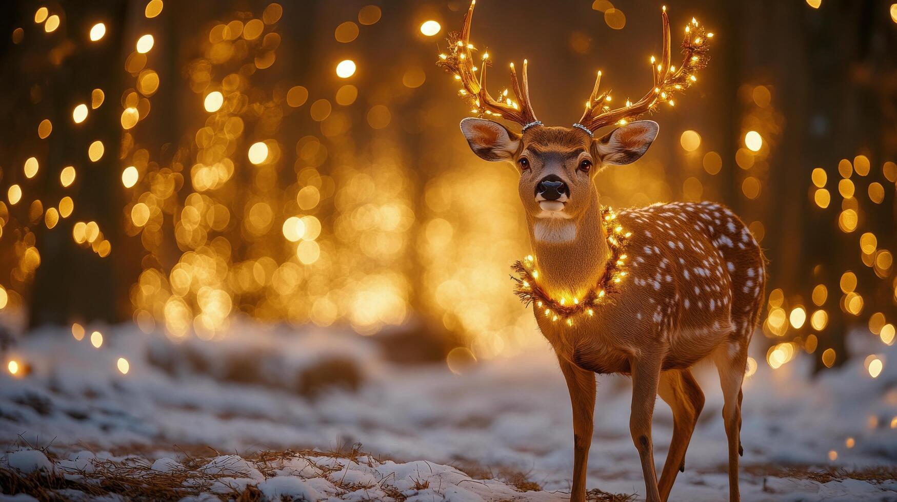 A deer adorned with lights stands amidst a glowing winter forest at dusk photo