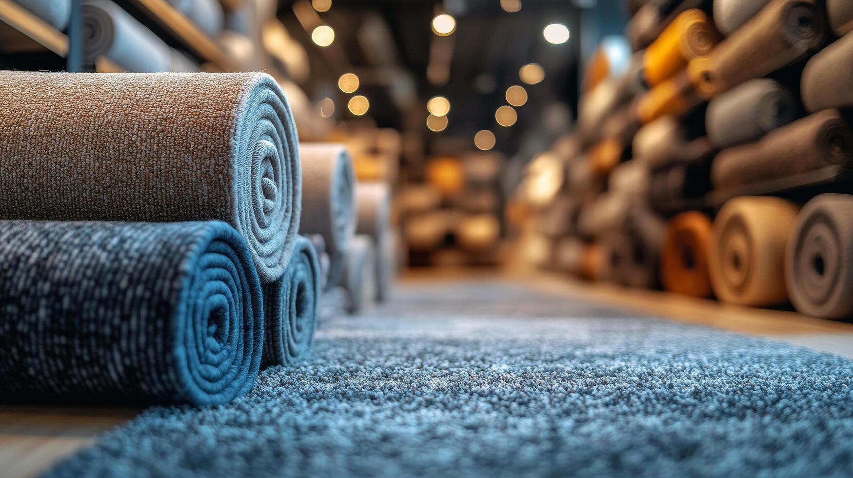 Colorful area rugs neatly rolled in a spacious home decor store showcasing various designs photo