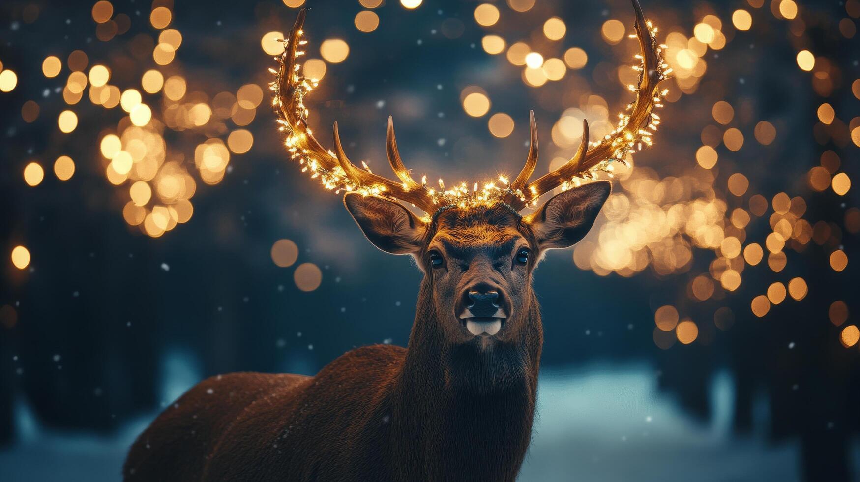 A deer adorned with lights stands amidst a glowing winter forest at dusk photo