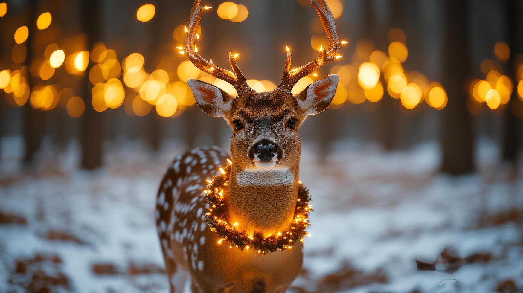 A deer adorned with lights stands amidst a winter wonderland filled with glowing decorations photo