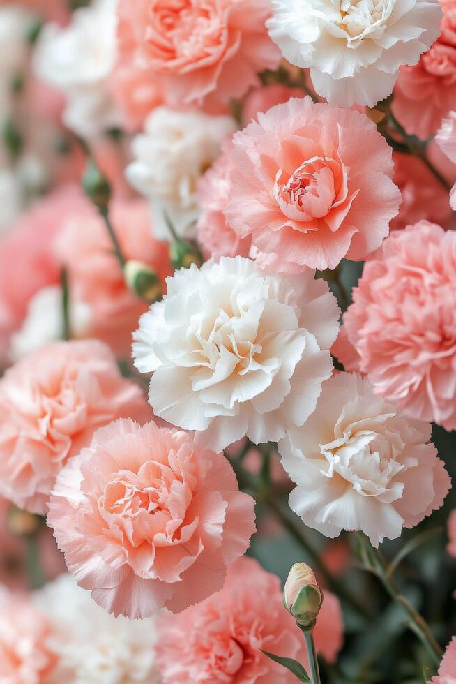 Delicate peach carnations bloom gracefully in a minimalist setting filled with soft lighting photo