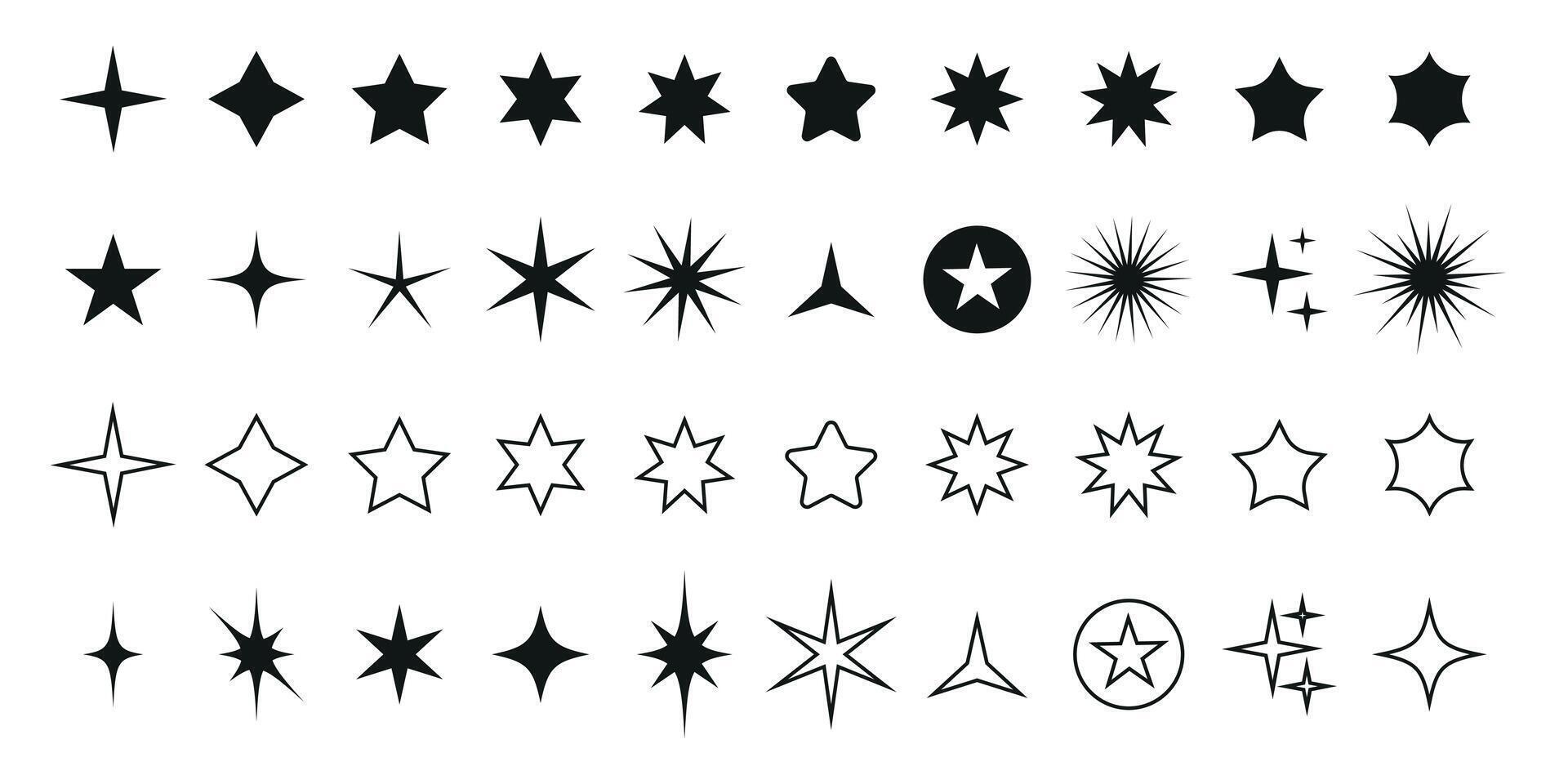 Star icons set. Modern simple black stars collection. Twinkling stars, shining burst. Star icons, rating and rank symbols, decor star collection. Christmas symbols isolated on white back vector
