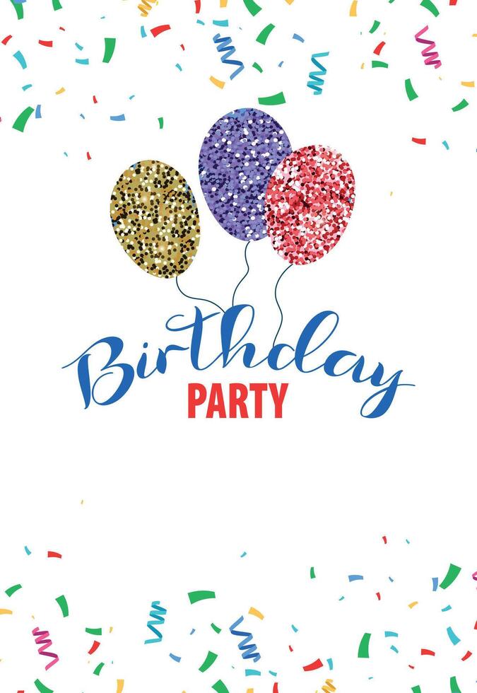 Birthday invitation template with balloons. Flyer, booklet, leaflet concept with flat illustrations. Page cartoon layout for magazine. Anniversary celebration invitation with text. vector