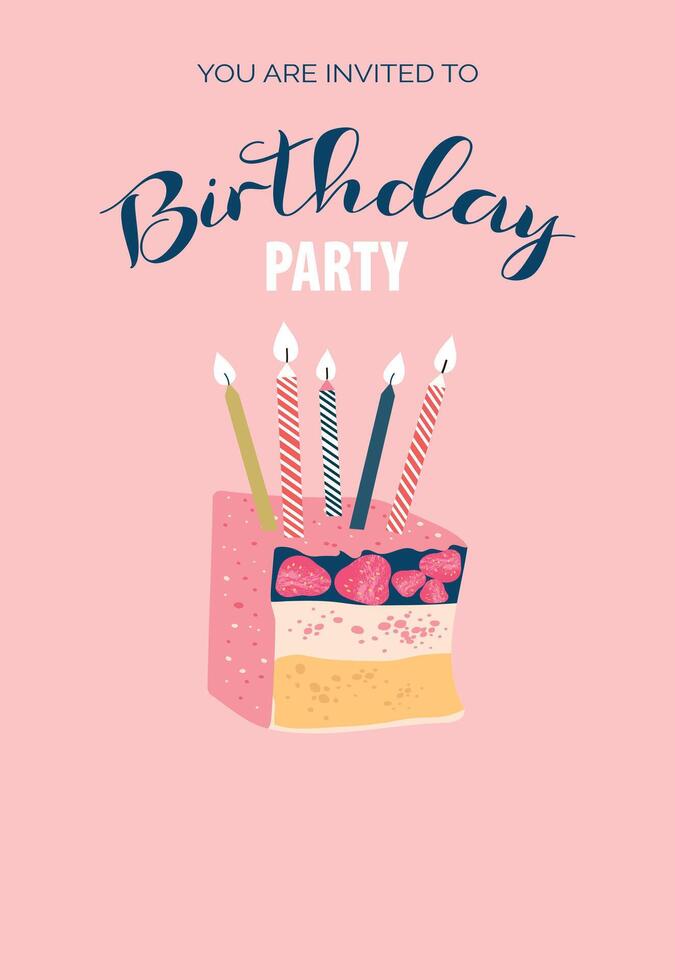 Birthday invitation template with cake and candles. Flyer, booklet, leaflet concept with flat illustrations. Page cartoon layout for magazine. Anniversary celebration invitation with text. vector