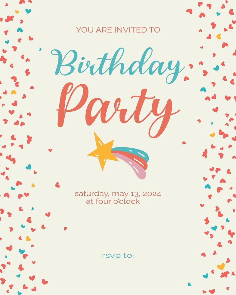 Birthday party invitation template with hearts. Flyer, booklet, leaflet concept with flat illustrations. Page cartoon layout for magazine. Anniversary celebration invitation with text vector
