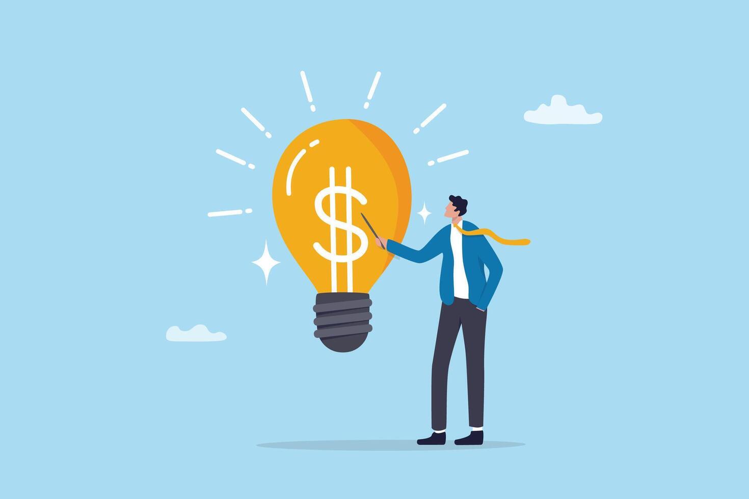 Idea pitching, startup idea or entrepreneurship funding, venture capital meeting, business idea to make money presentation, investment discussion concept, businessman present money idea lightbulb. vector
