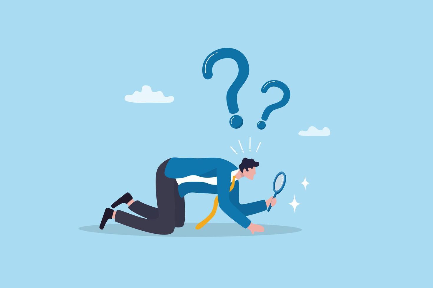 Detect or discover fact, information or analysis, curiosity, research or search in details, exploration or finding solution concept, businessman detective looking through magnifying glass searching. vector