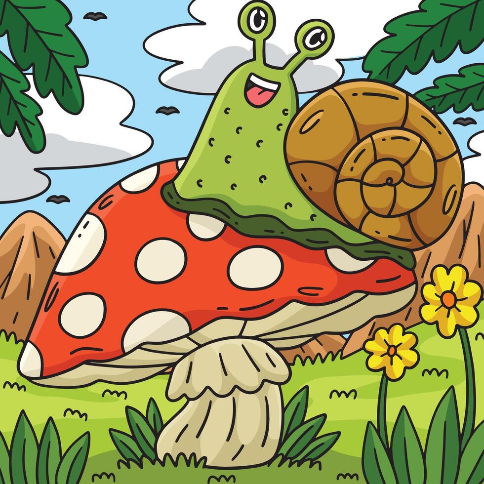 Mushroom and Snail Colored Cartoon Illustration vector