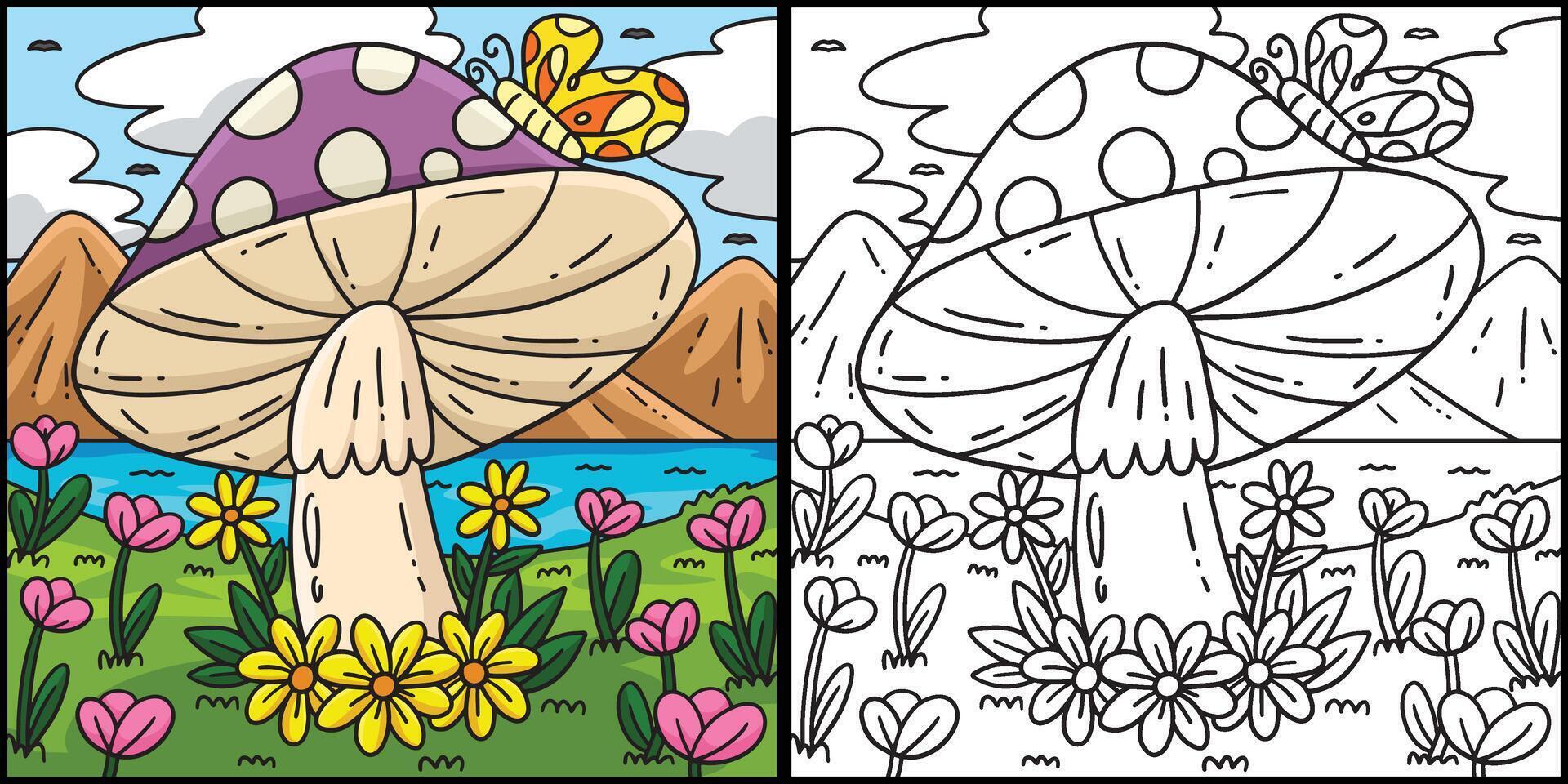 Mushroom with Flowers and Butterfly Illustration vector