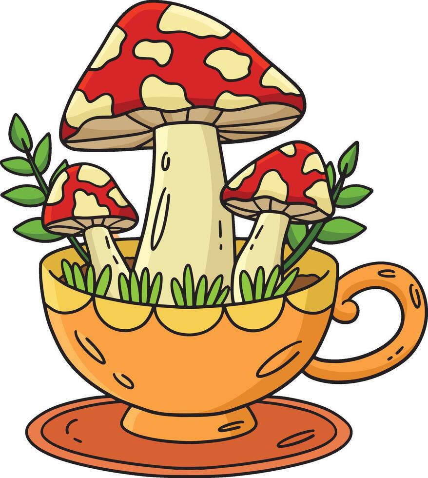 Mushrooms Sprouting from Teacup Cartoon Clipart vector