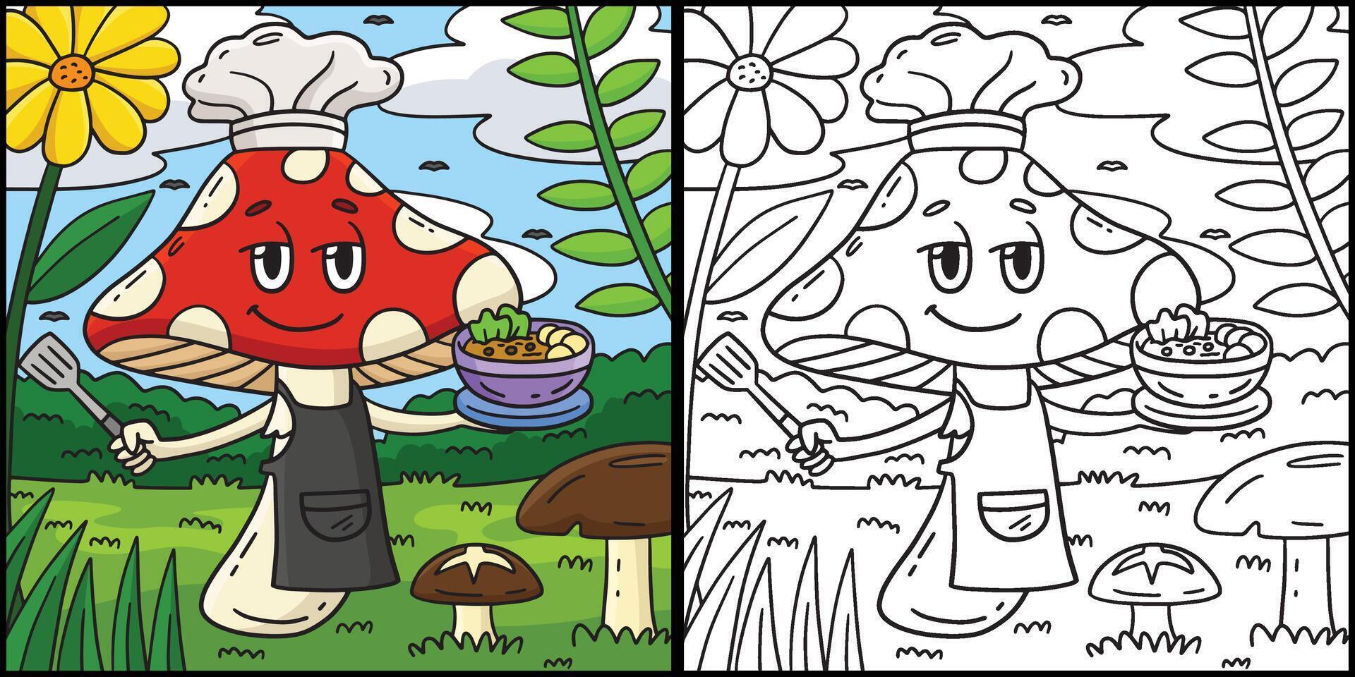 Mushroom Chef Coloring Page Colored Illustration vector
