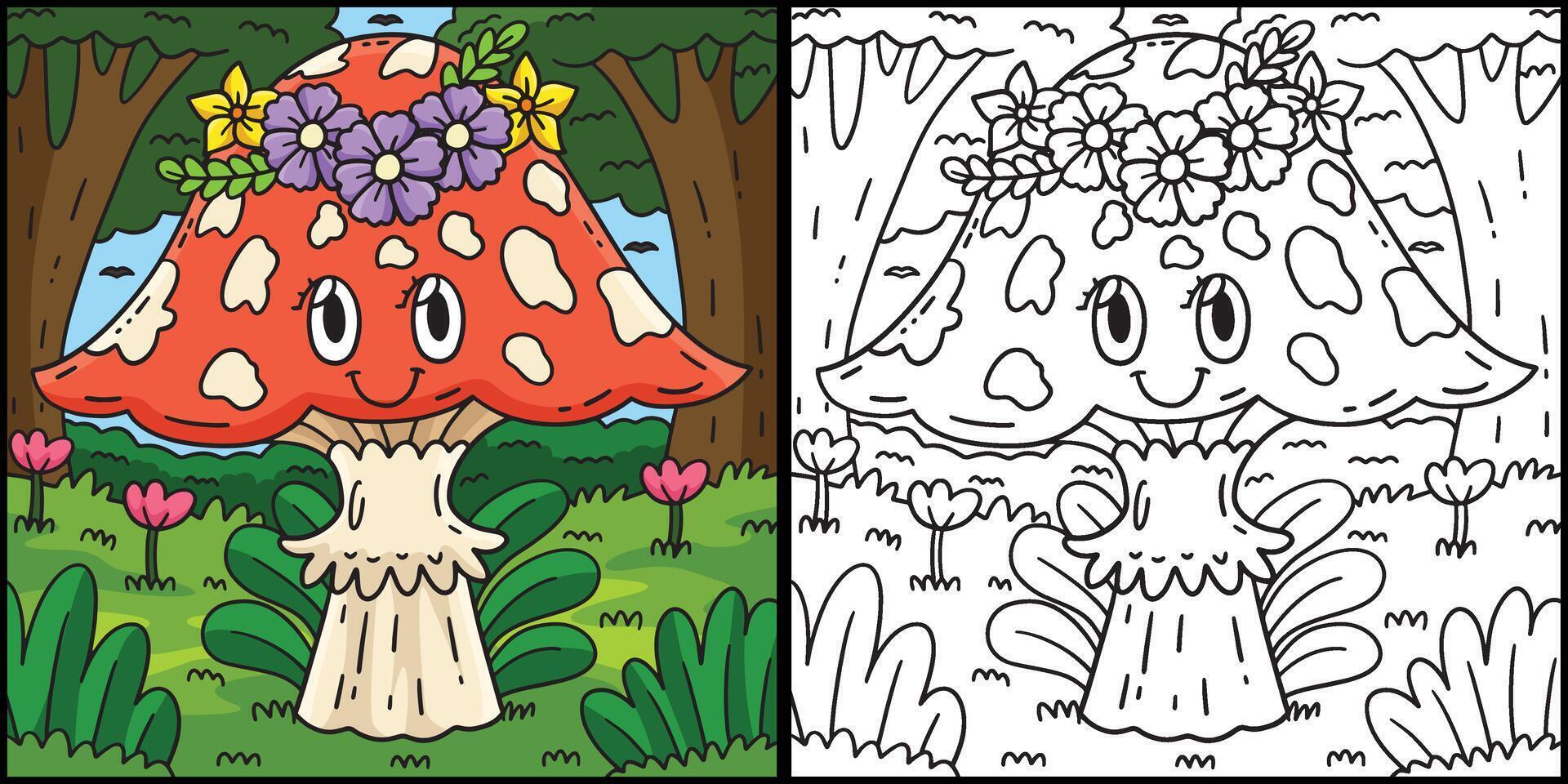 Mushroom with Flower Crown Coloring Illustration vector