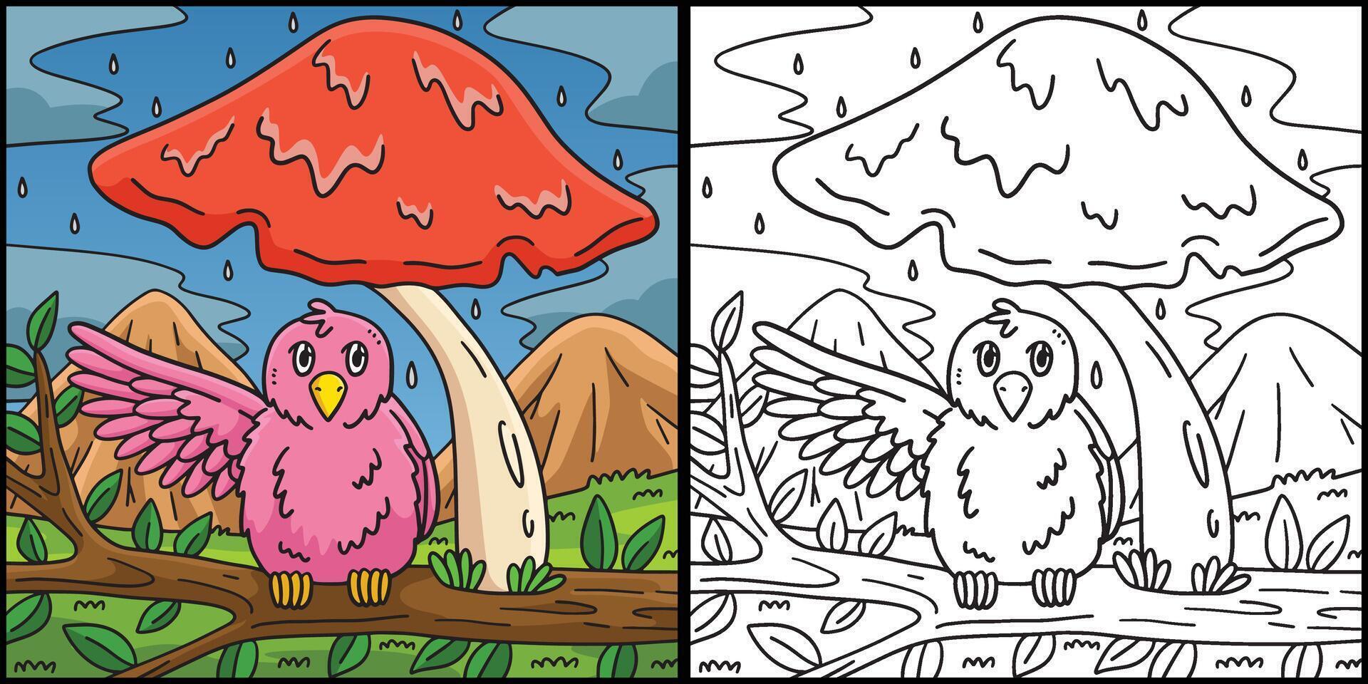 Giant Mushroom with a Bird Coloring Illustration vector