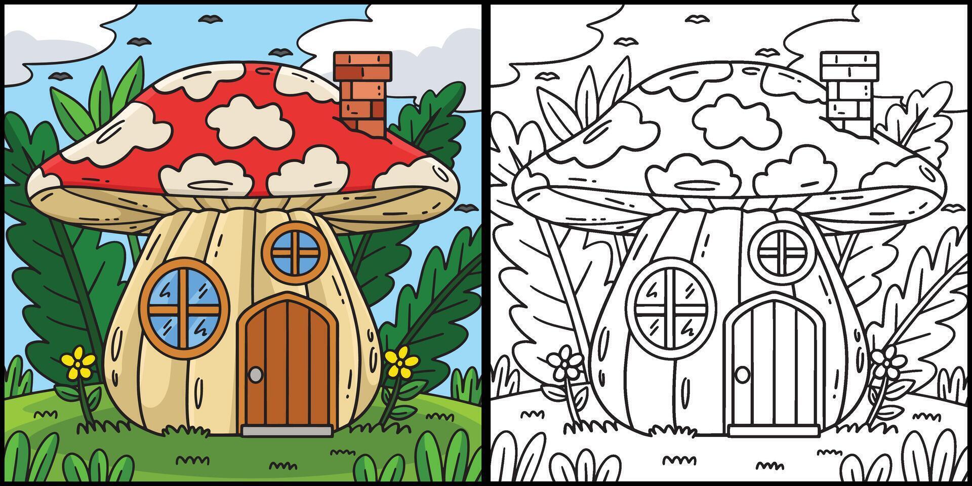 Mushroom House Coloring Page Colored Illustration vector