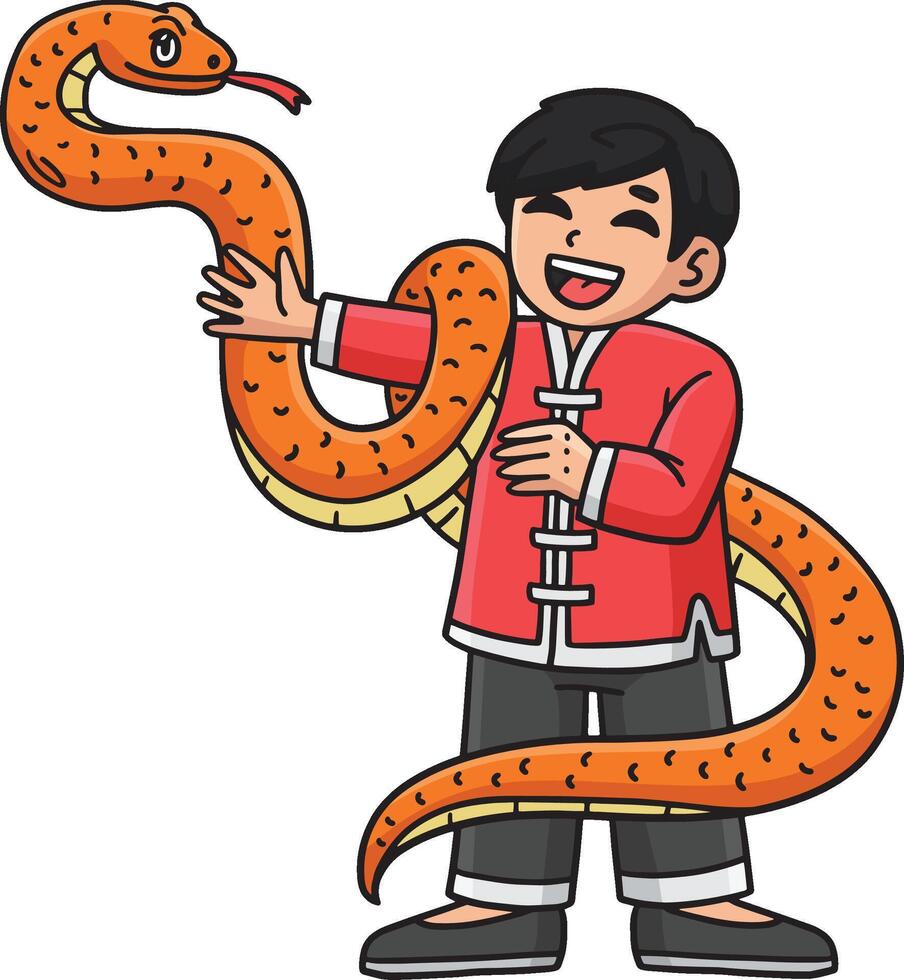 Year of the Snake Child and Snake Cartoon Clipart vector