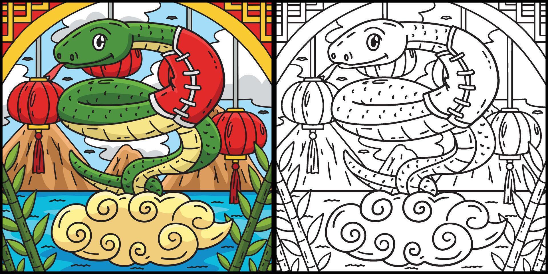 Year of the Snake on Clouds Coloring Illustration vector