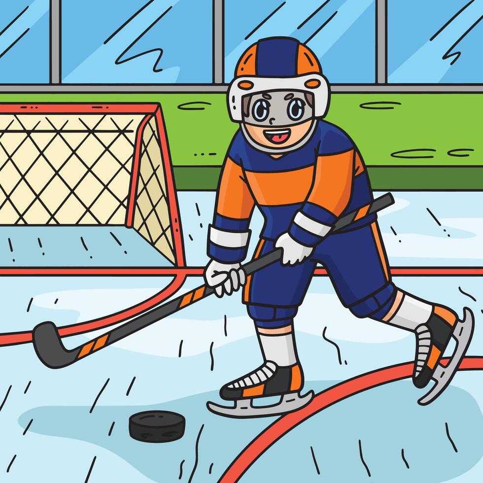 Ice Hockey Player Hitting Hockey Puck Colored vector