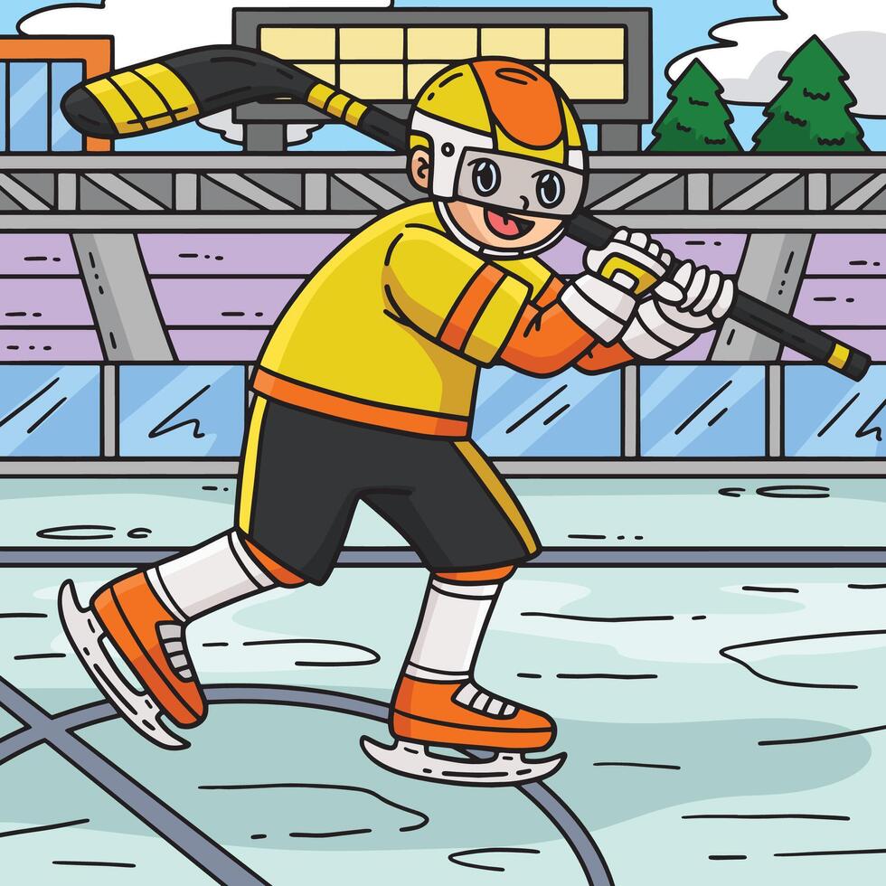 Ice Hockey Player Holding Stick Colored Cartoon vector