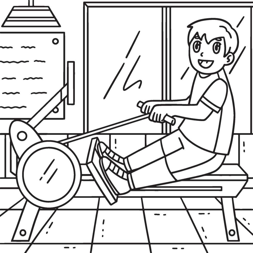 Rowing Oarsman on Indoor Rowing Machine Coloring vector