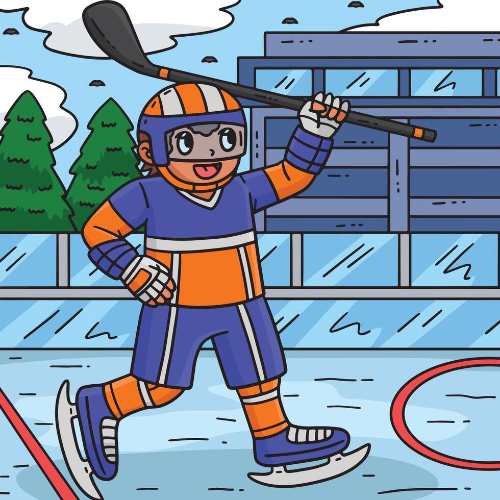 Ice Hockey Player Raising Hockey Stick Colored vector