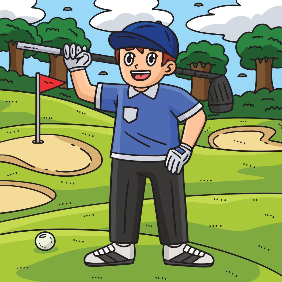 Golf Golfer with Club Colored Cartoon Illustration vector