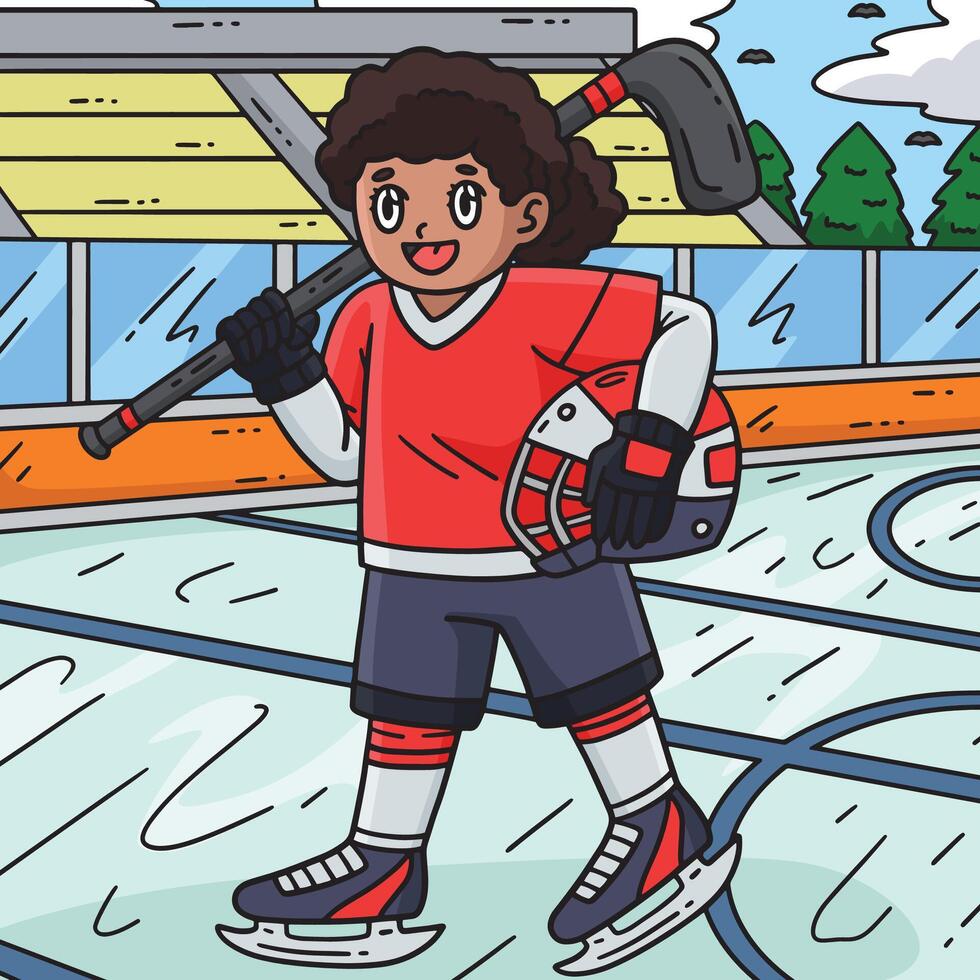Ice Hockey Female Player Holding Helmet Colored vector