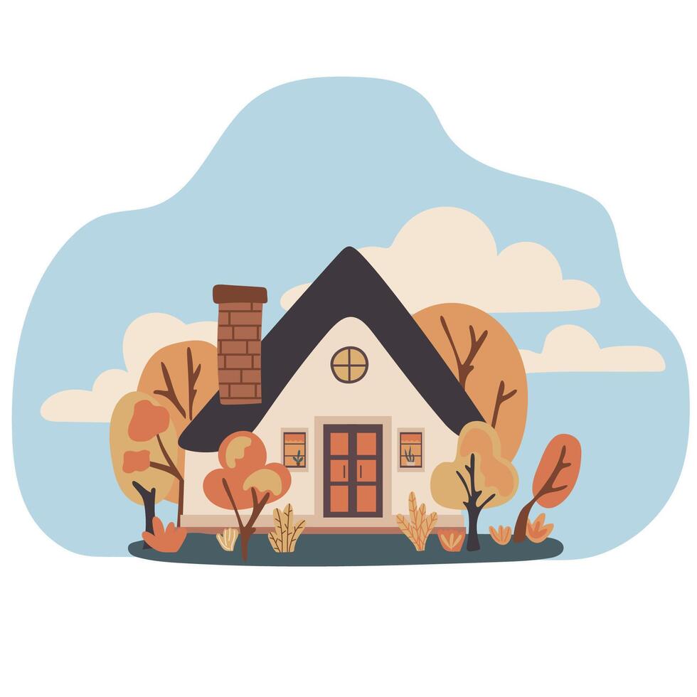 Cozy Autumn Cottage Illustration with Fall Trees and Blue Sky Background vector