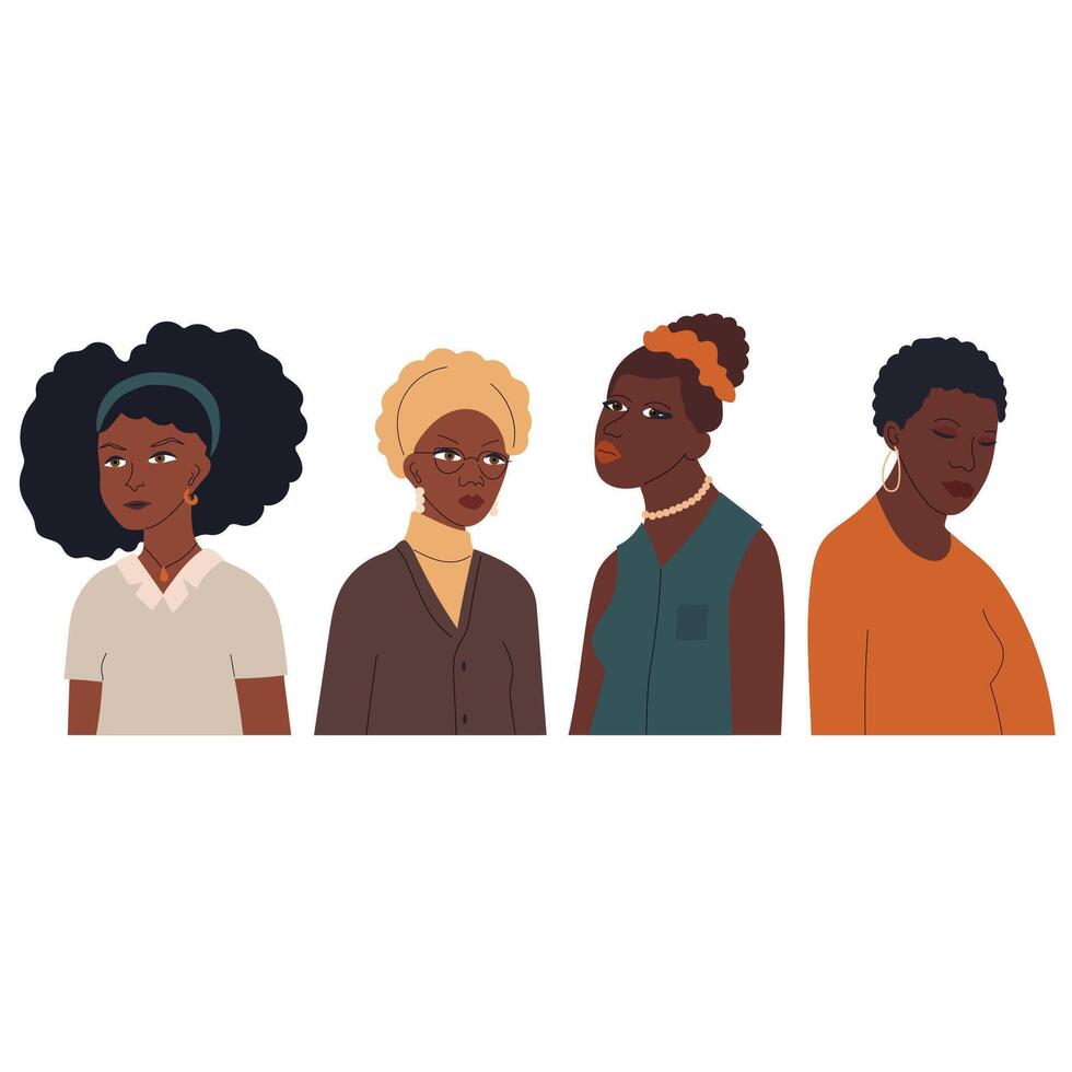 Illustrated Portraits of Four African Women in Various Styles and Clothing on White Background vector