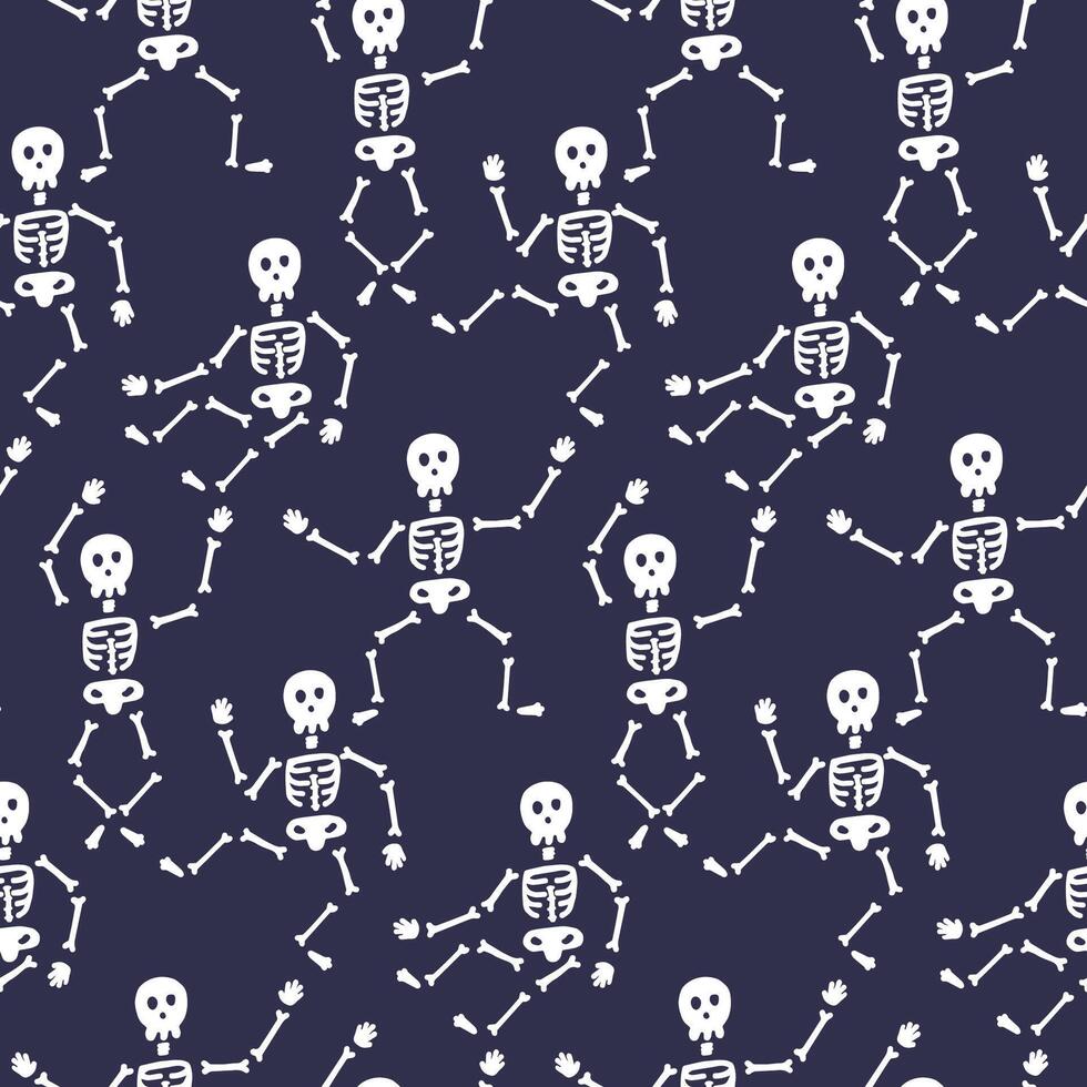 Seamless Pattern of Playful Dancing Skeletons on Dark Background Halloween-Themed Design vector