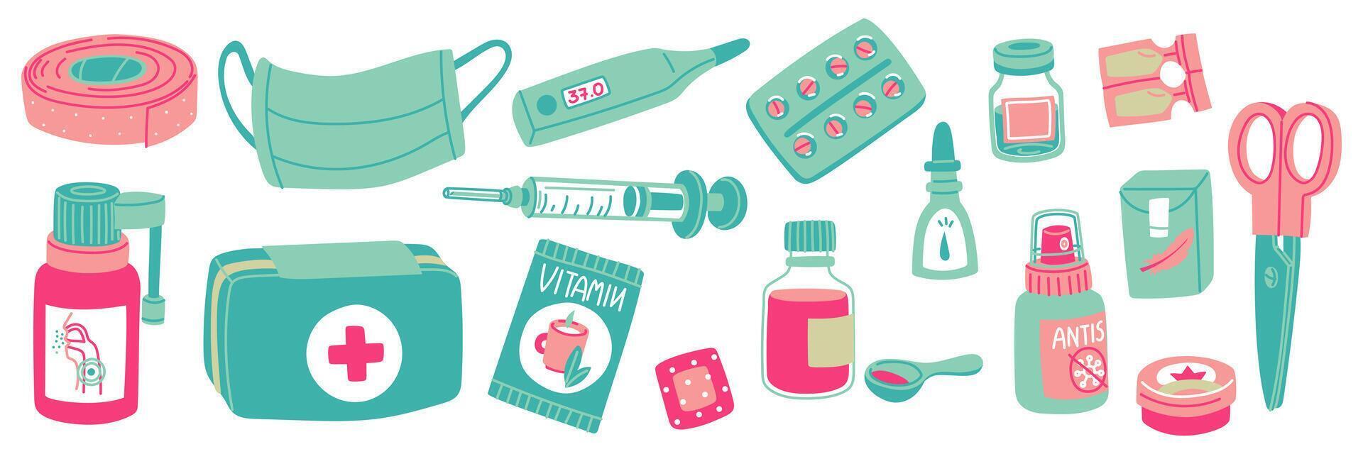 set of flat remedies for treatment of colds. Medications for emergency care in case of illness from the first-aid kit. Tablets, ampoules, syringe, powder, thermometer, antiseptic, first aid kit. vector