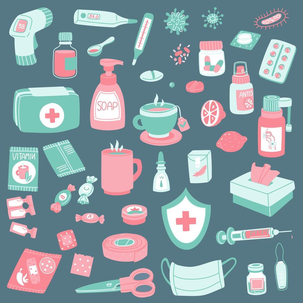 set of flat remedies for the treatment of colds on blue. Medications for emergency care in case of illness from first-aid kit. Tablets, ampoules, syringe, powder, thermometer, antiseptic, first. Signs vector
